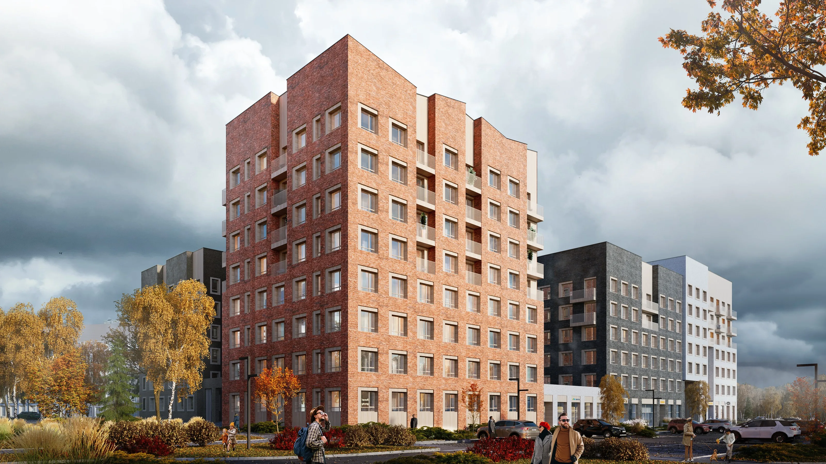 Кирпичная секция осенью, прохожие у газона