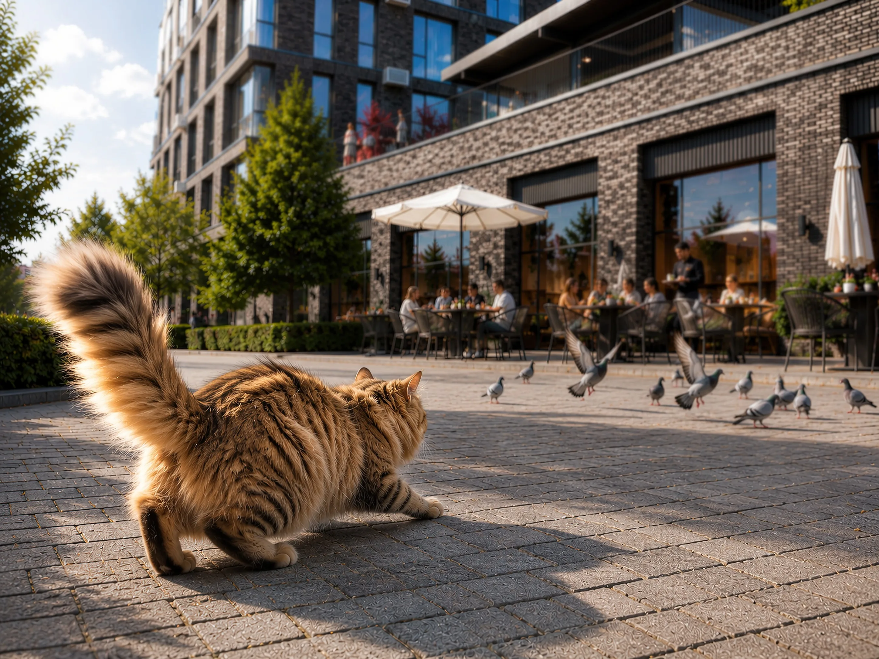 AI-кадр: огромный кот крадется к голубям у кафе