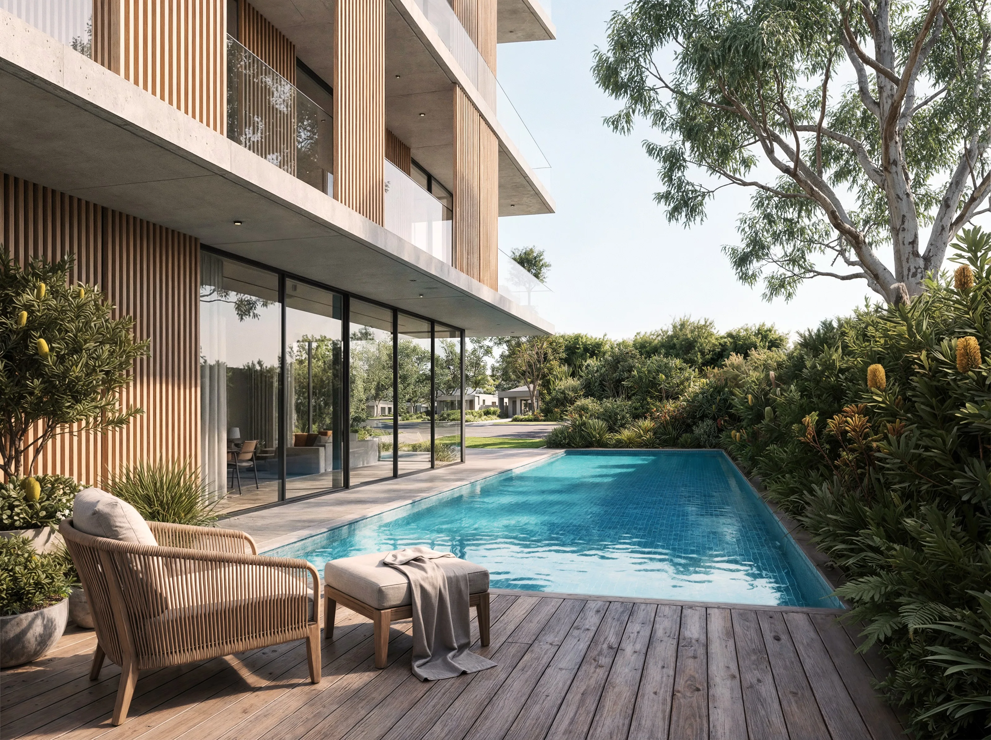 Рендер: Рендер бассейна и тот же кадр после AI-доработки: у воды появилась героиня