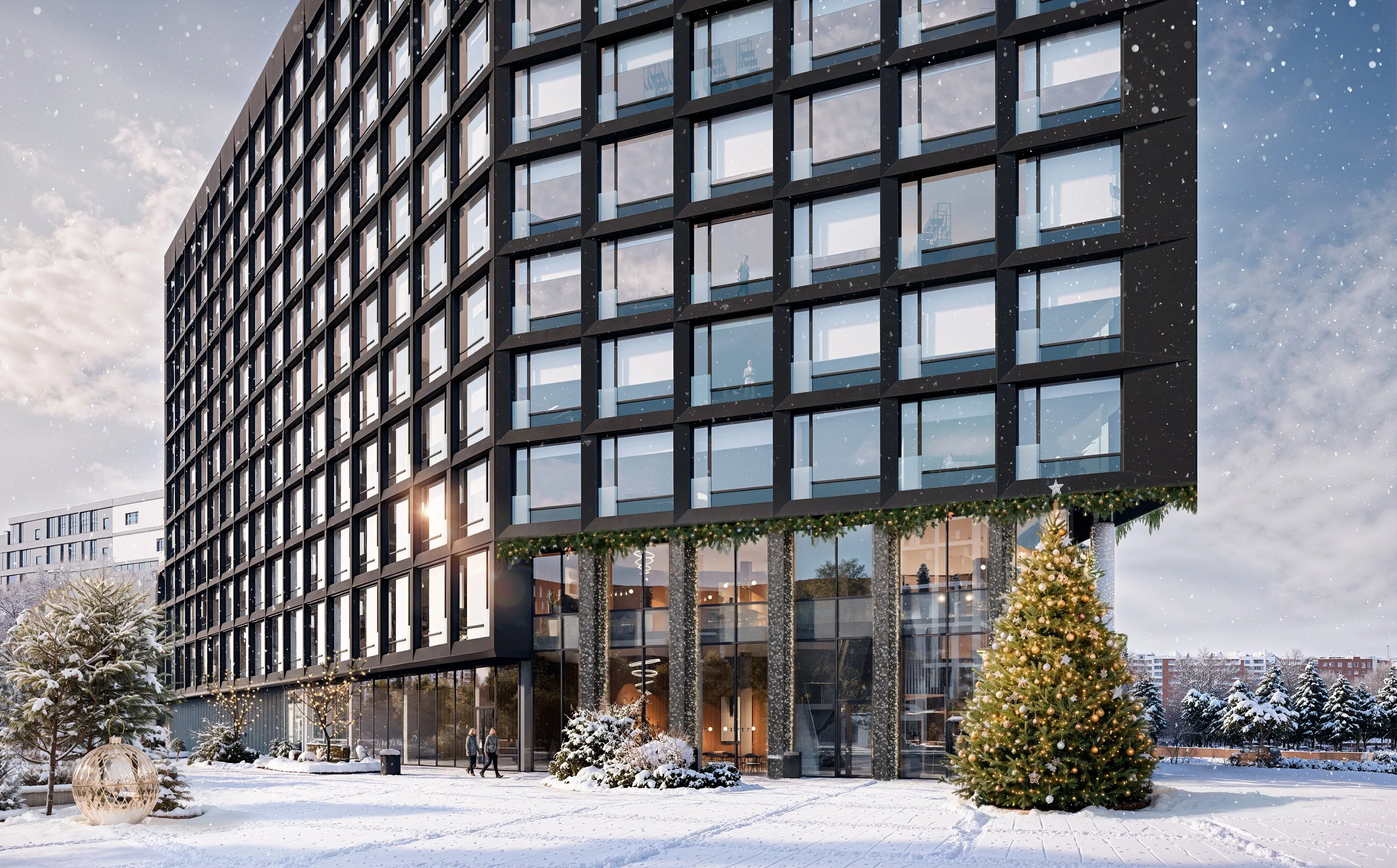 Зима: Угол здания летом и зимой